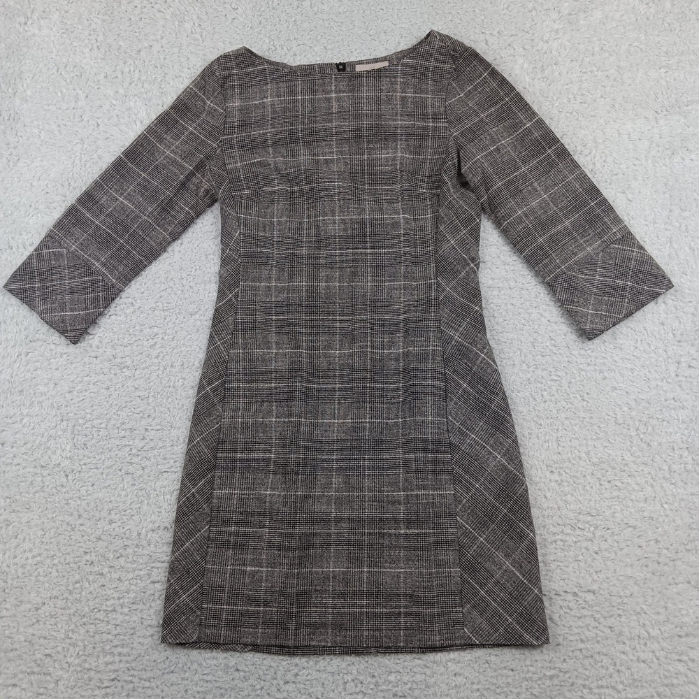 H&M Dress Shift Women XS Gray Glen‎ Plaid 3/4 Sleeve Career 0724773 1